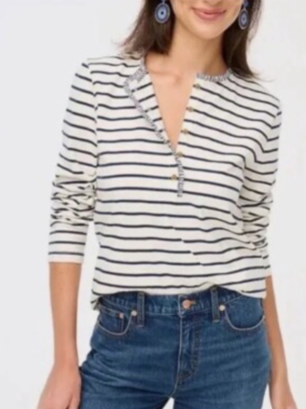 J. Crew Cream and Navy Striped Henley Long Sleeve Tee
